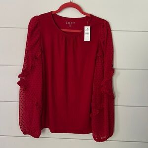 Loft red long sleeved T shirt with sheer sleeves. NWT